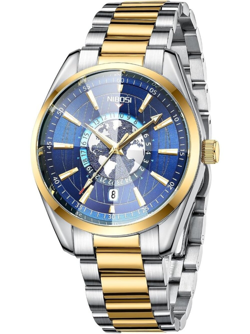 Men's Blue Gold Analog Quartz Stainless Steel Waterproof Casual Wrist Watch